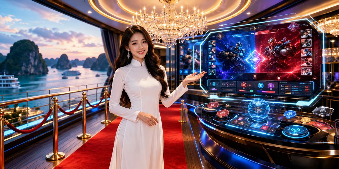 Phụ nữ mặc áo dài tại Hạ Long dùng điện thoại truy cập jackpot casino trực tuyến